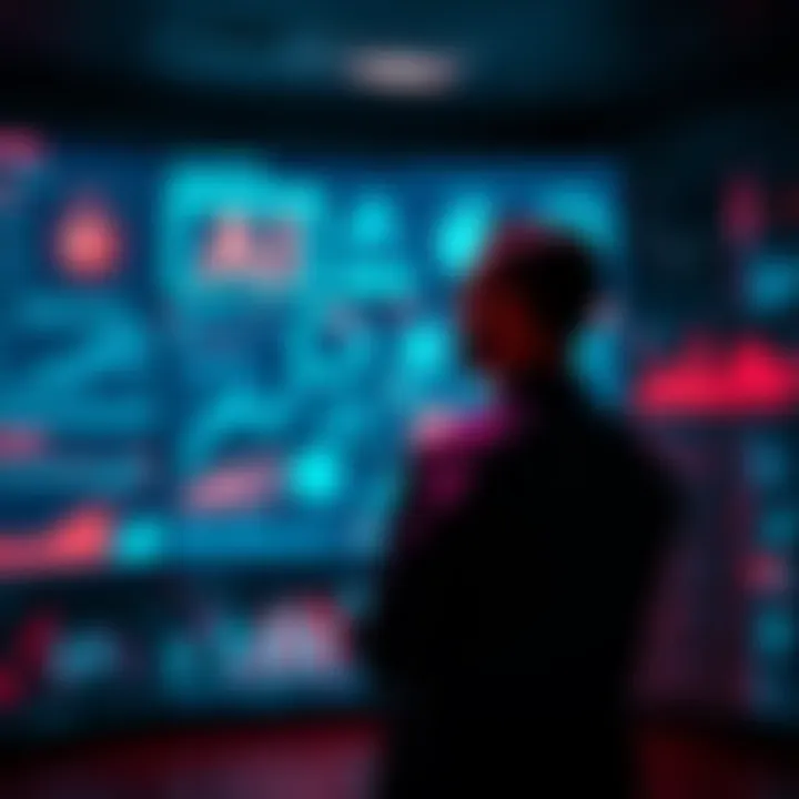 A person standing in front of a large screen displaying AI graphics and data, looking thoughtful about the impact of technology.