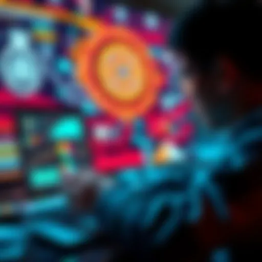 A person analyzing data on a laptop with AI graphics in the background