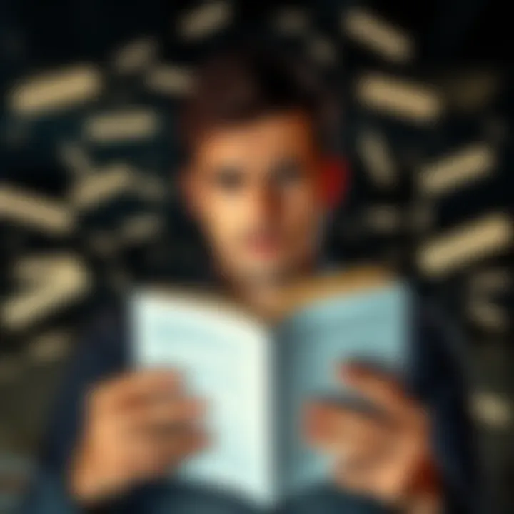 A person reading a book with a puzzled expression, surrounded by words and definitions floating around