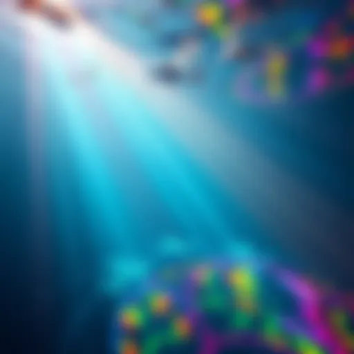 Colorful light patterns created by sunlight refracting underwater, showcasing rainbow hues at different depths.