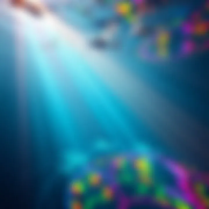 Colorful light patterns created by sunlight refracting underwater, showcasing rainbow hues at different depths.