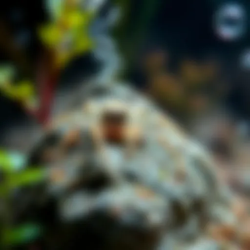 A close-up of an underwater spider resting on a submerged rock, surrounded by aquatic plants and water bubbles.