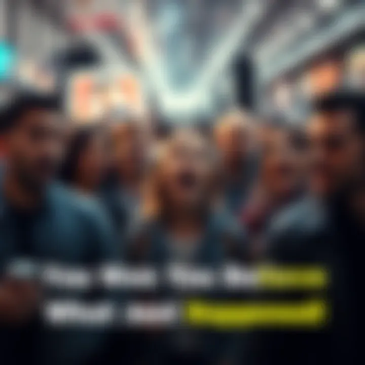 A group of shocked people reacting to surprising news in a crowded area.