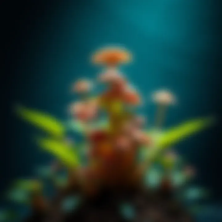 A vibrant plant showcasing clusters of psychedelic mushrooms and leaves resembling Ayahuasca vines, symbolizing the combination of multiple psychedelics in one organism.