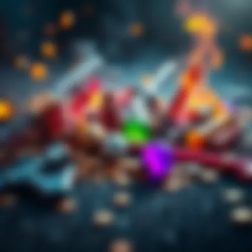 A colorful assortment of loot items including weapons, potions, and coins scattered on the ground after a character's defeat in a video game.