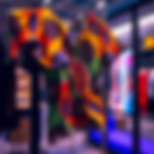 Unique outfit on display A colorful, quirky outfit hanging on a rack, showcasing its unique design and patterns.