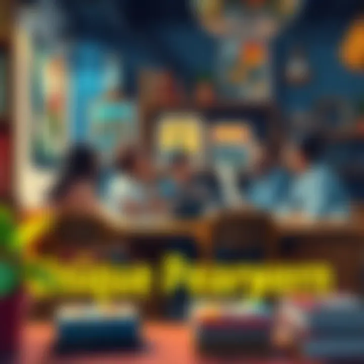 A group of people discussing innovative ideas over coffee in a cozy setting, with books and art around them.