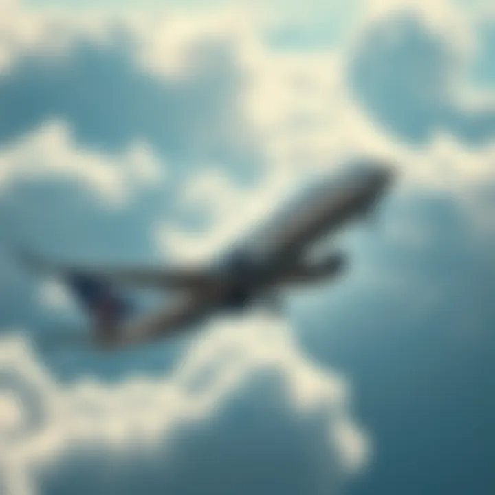 A United Airlines plane making a U-turn midair after takeoff, with clouds in the background.