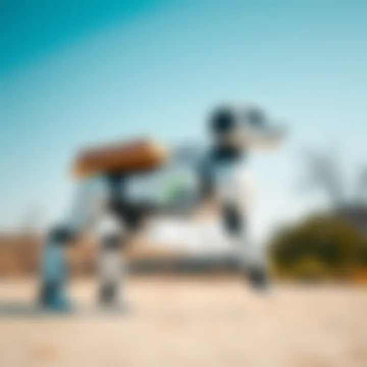 Unitree AS2 robot dog carrying a load, shown in an outdoor setting with clear skies.