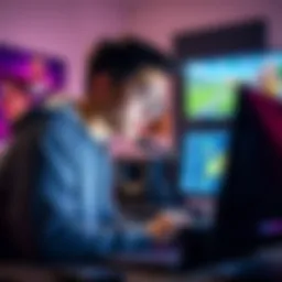 A young programmer focused on coding in Unity, with a computer displaying game graphics in the background, showcasing teamwork and collaboration.