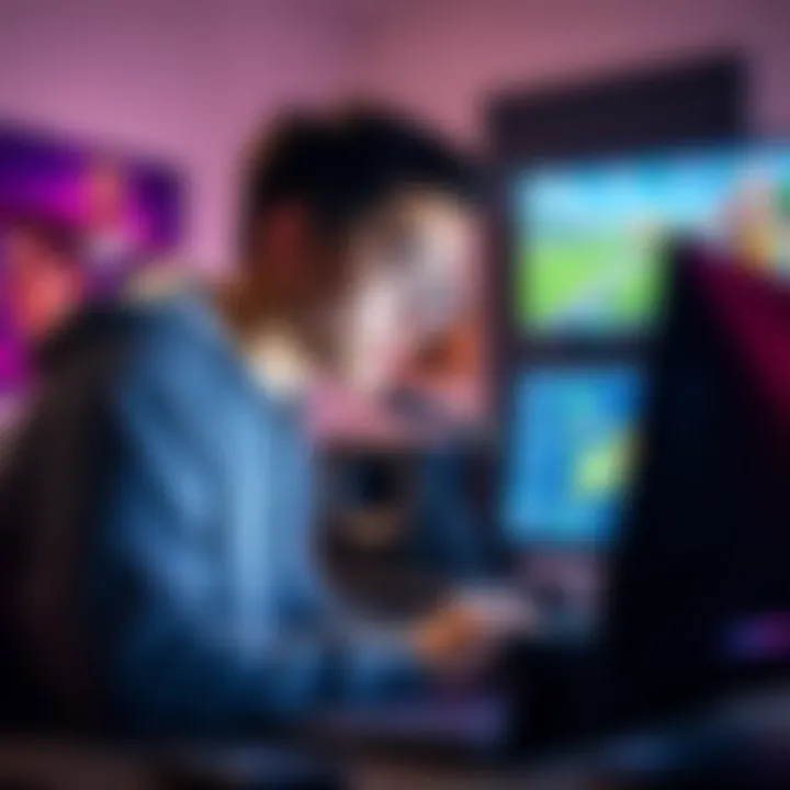 A young programmer focused on coding in Unity, with a computer displaying game graphics in the background, showcasing teamwork and collaboration.