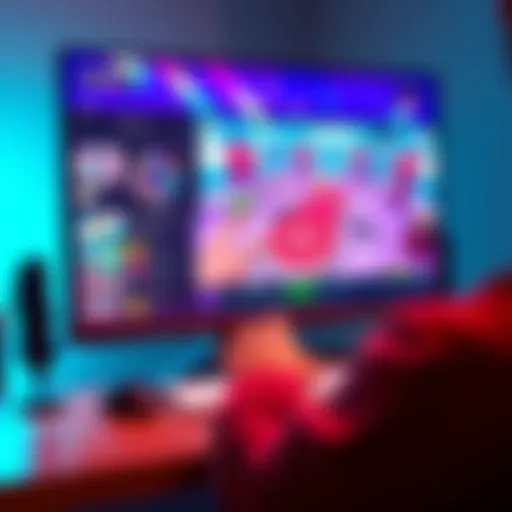 A person using Unity's AI tool to create a casual game on a computer screen, showcasing colorful game graphics and design elements.