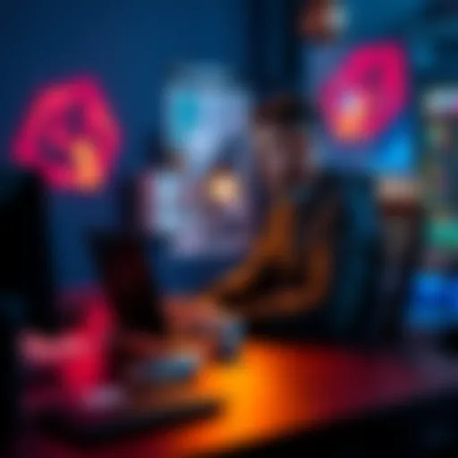 A Unity developer sitting at a desk with a laptop, looking for remote work opportunities to support their game studio in Italy.