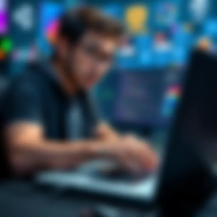 A skilled game developer working on a Unity project, showcasing programming code on a laptop with game design elements in the background.