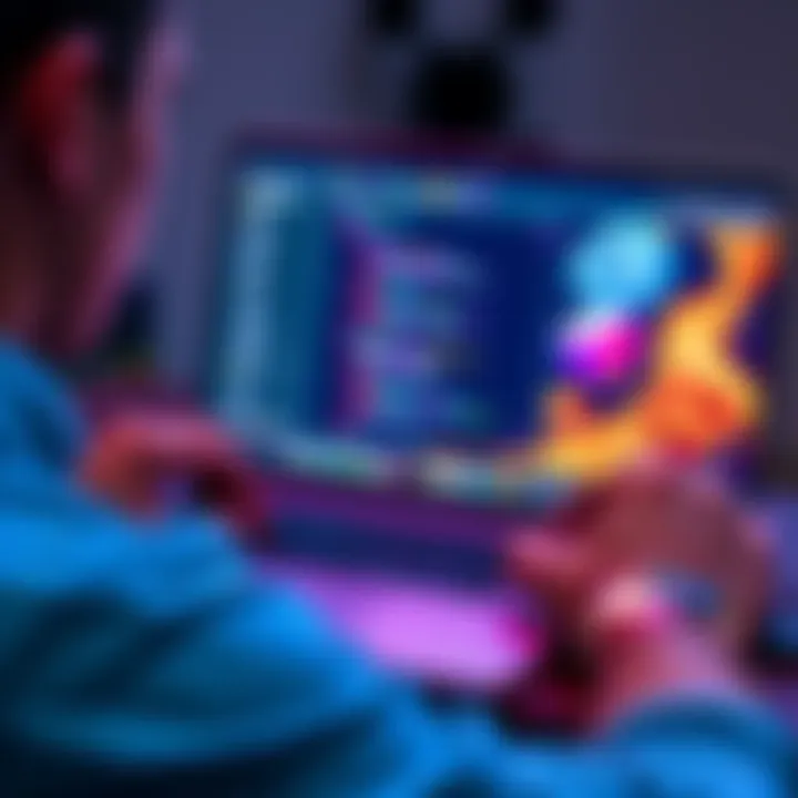 A person using Unity software on an Apple laptop, showing a project in progress with code and graphics on the screen.