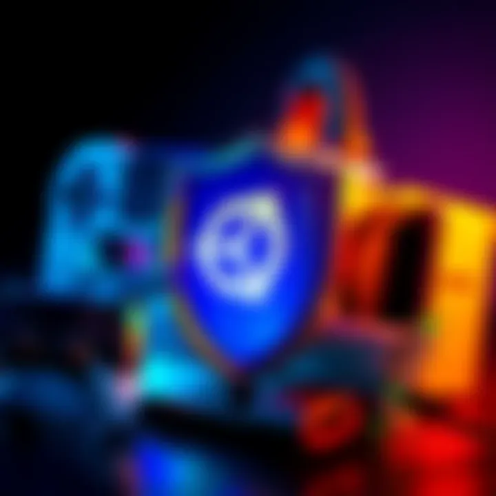 A shield icon with a warning sign representing Unity's recent security flaw, surrounded by gaming elements like a controller and console.