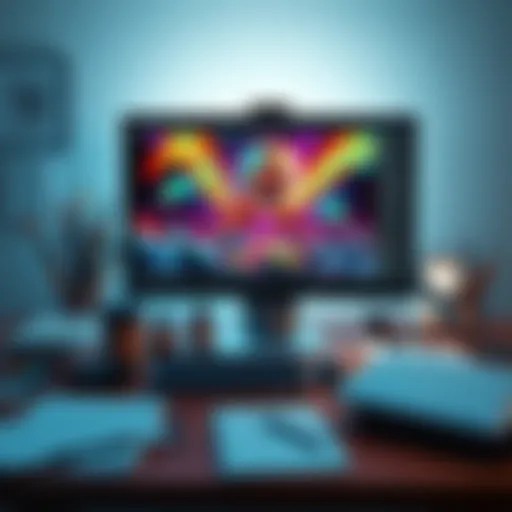 A vibrant digital artwork created in Unreal Engine displayed on a computer screen, surrounded by art supplies and notepads, highlighting the creative process.