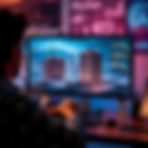 A person working on a computer screen displaying Unreal Engine with urban design elements and building structures