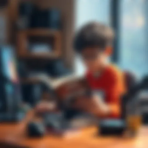 A 14-year-old boy reading a guide book on Unreal Engine while sitting at a desk covered with gaming equipment.