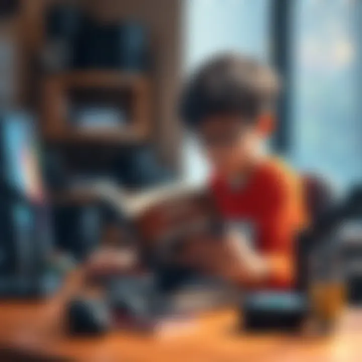 A 14-year-old boy reading a guide book on Unreal Engine while sitting at a desk covered with gaming equipment.