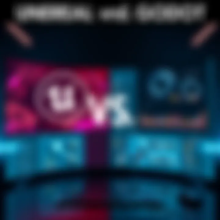 A split-screen comparison of Unreal Engine and Godot interfaces, showcasing their features for game development.