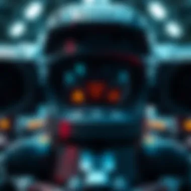 A close-up of a malfunctioning turret showing error indicators and unlit controls