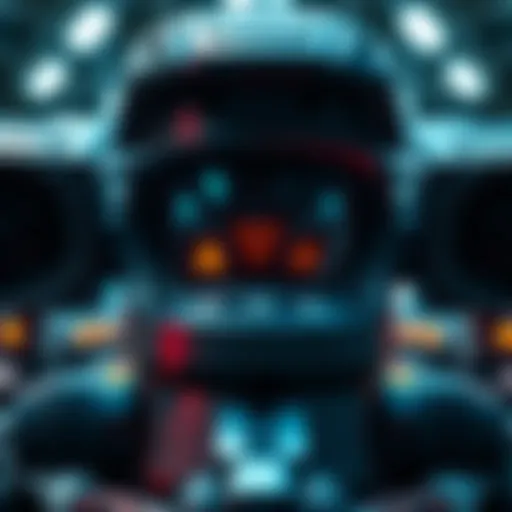 A close-up of a malfunctioning turret showing error indicators and unlit controls