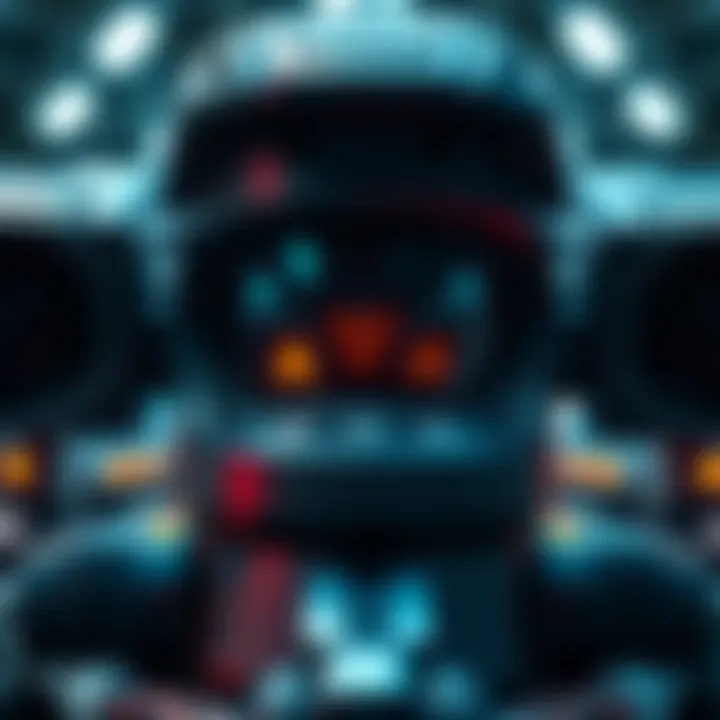 A close-up of a malfunctioning turret showing error indicators and unlit controls