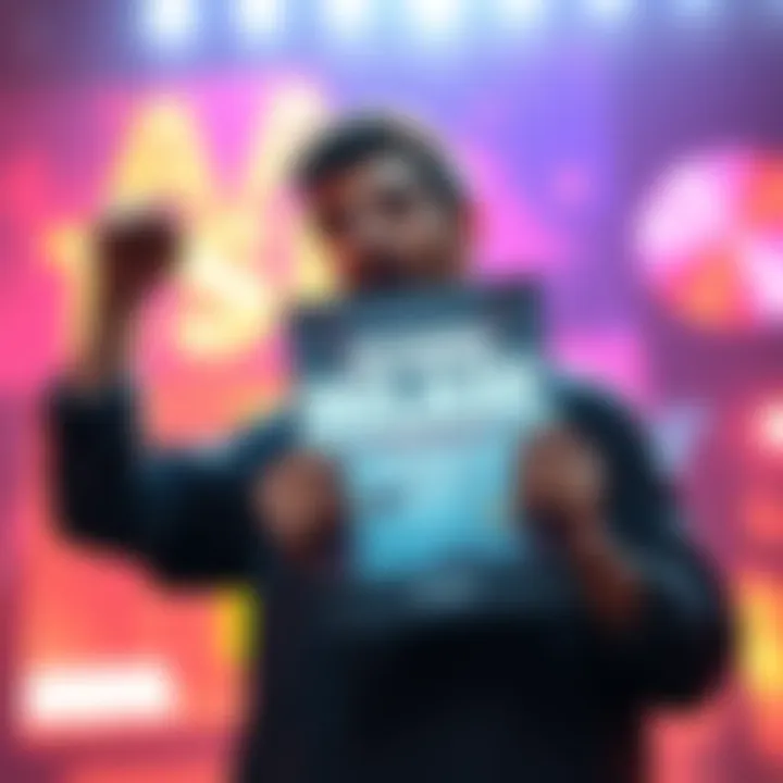A person looking excited while holding a poster of their new release, with a colorful background symbolizing anticipation.