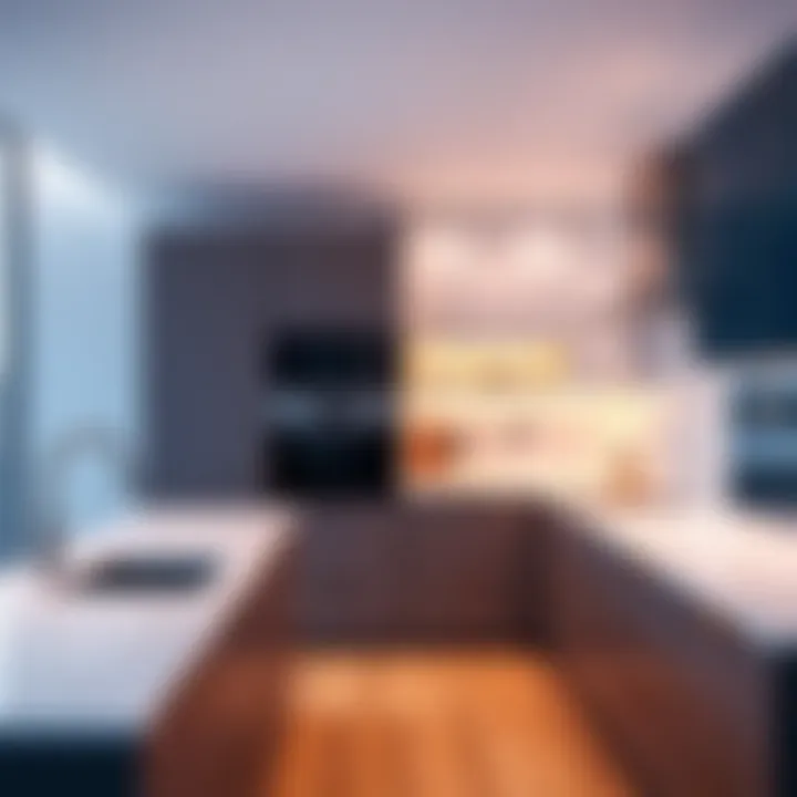 A modern kitchen with enhanced lighting showcasing sleek cabinets and countertops