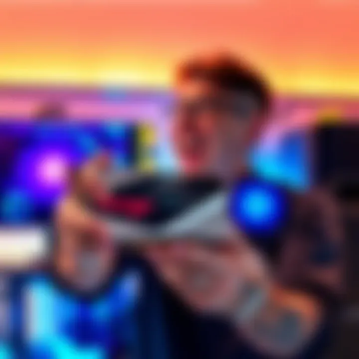 A person holding a new powerful graphics card while looking excited, with a computer setup in the background.