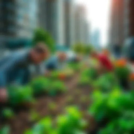 People working together in a community garden, planting fresh vegetables and herbs in a city setting.