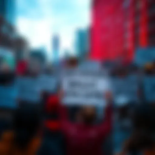 A diverse group of people holding signs advocating for Universal Basic Income, with a backdrop of a cityscape and AI technology icons.