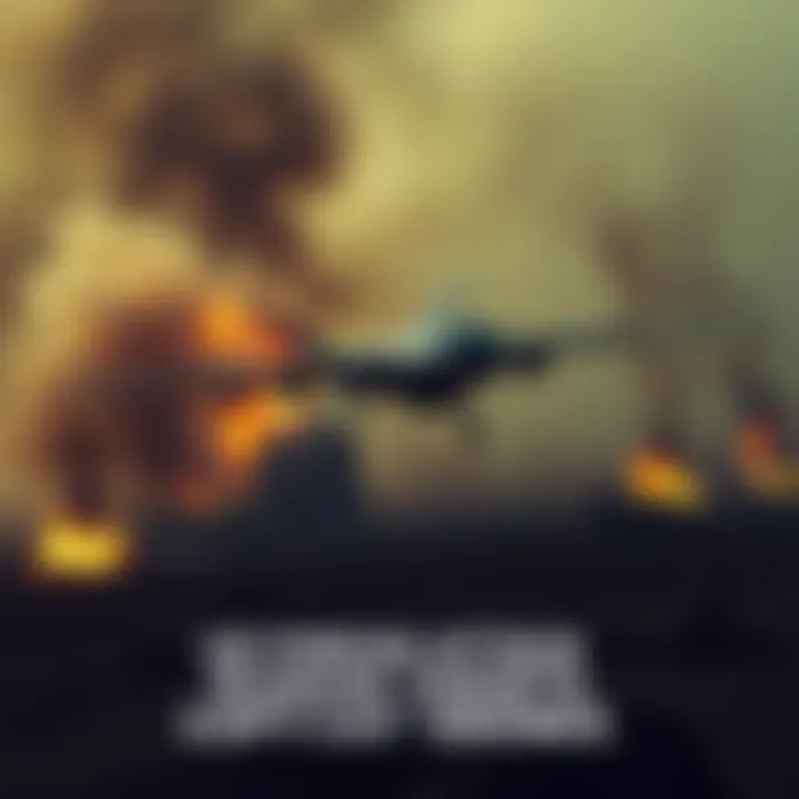 A US drone on a mission, resembling an Iranian Shahed 136 drone, aimed at an Iranian site amidst a smoky backdrop of destruction.