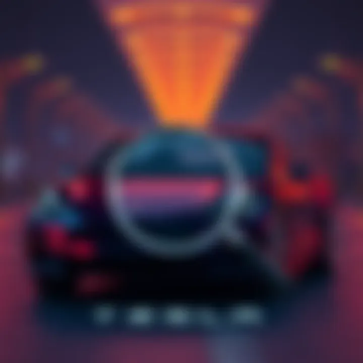 A Tesla car with a magnifying glass symbolizing an investigation by the US government.