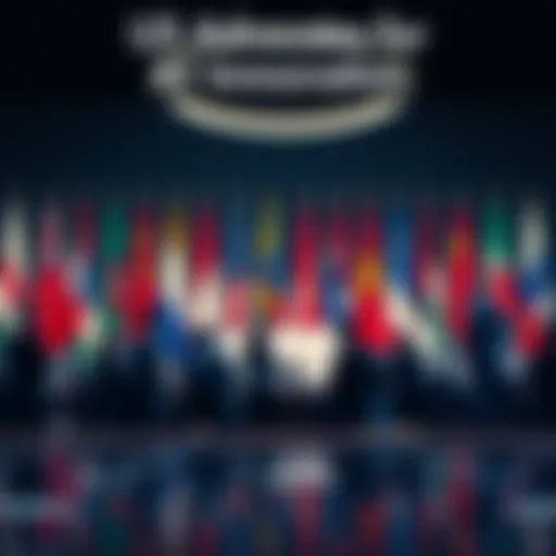 A group of delegates at the G20 meeting discussing AI regulation, with flags of participating countries in the background.