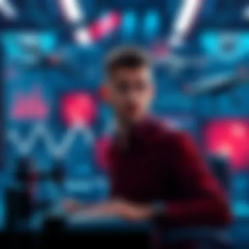 A person working on AI software surrounded by images of drones, biotech, and quantum computing equipment.