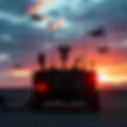 A US air defense system on alert, with drones in the sky representing potential threats.