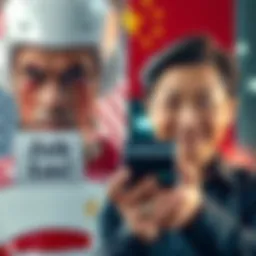 A split image showing a worried American with job loss signs and a confident Chinese person holding an AI device, representing differing attitudes towards AI.