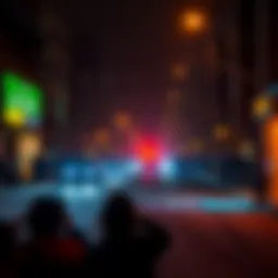 City street in darkness due to power outage, with people gathered and flashlights in hand