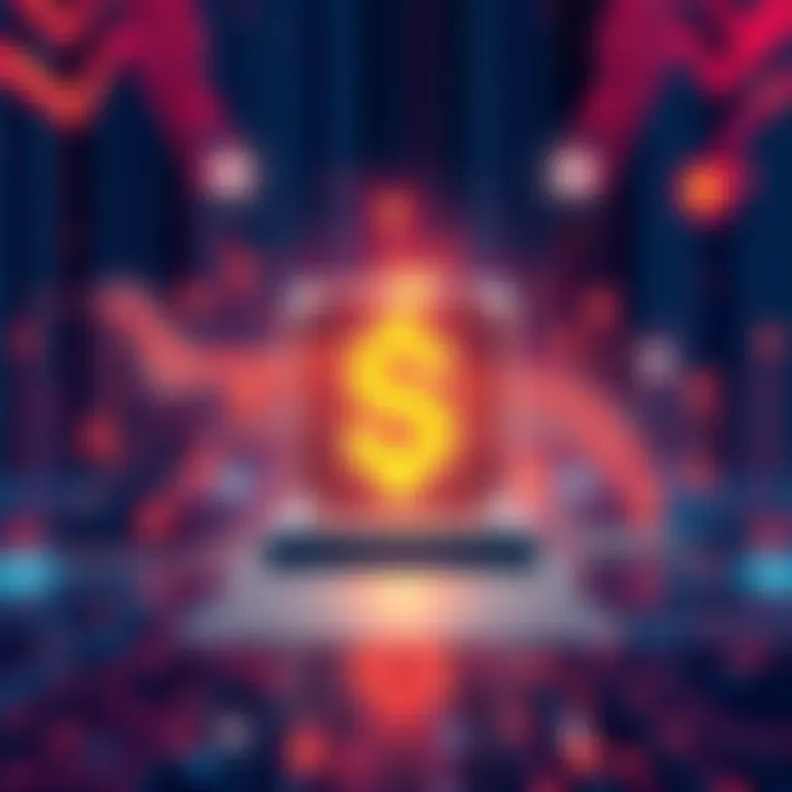 An illustration showing a digital representation of quantum computing technology with symbols of investment and innovation.