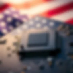 A close-up of a semiconductor chip with a U.S. flag in the background, representing new tariffs on imports