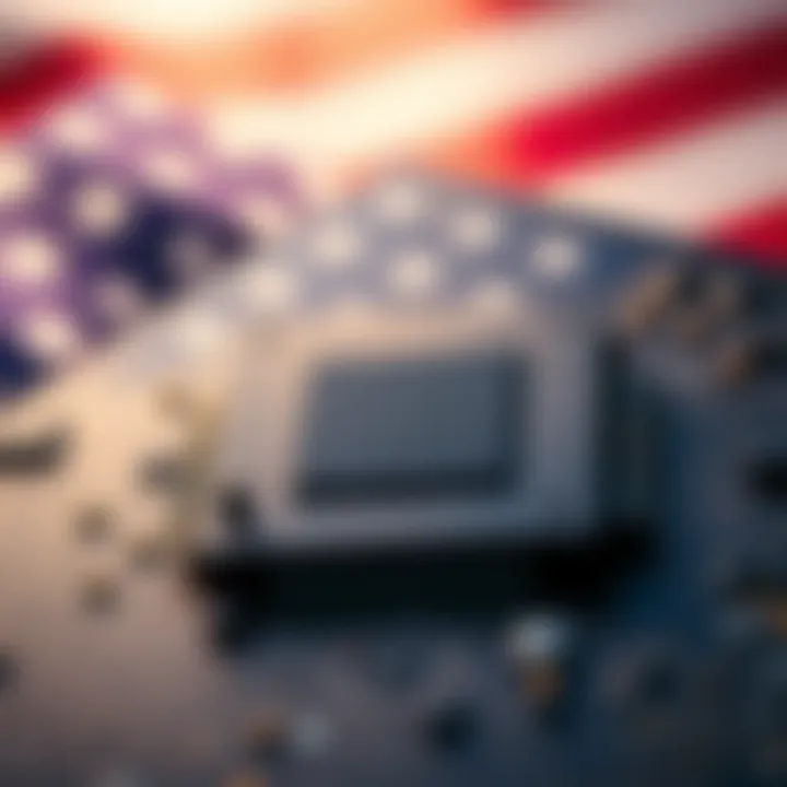 A close-up of a semiconductor chip with a U.S. flag in the background, representing new tariffs on imports