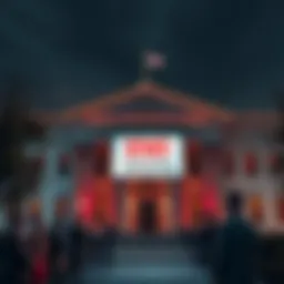 The US Treasury building with a sign indicating the end of Anthropic tool usage, surrounded by concerned officials discussing the decision.