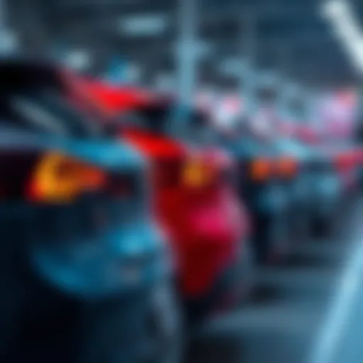 Used Electric Vehicles Depreciating A row of used electric vehicles with price tags declining in value, signifying depreciation in the market.