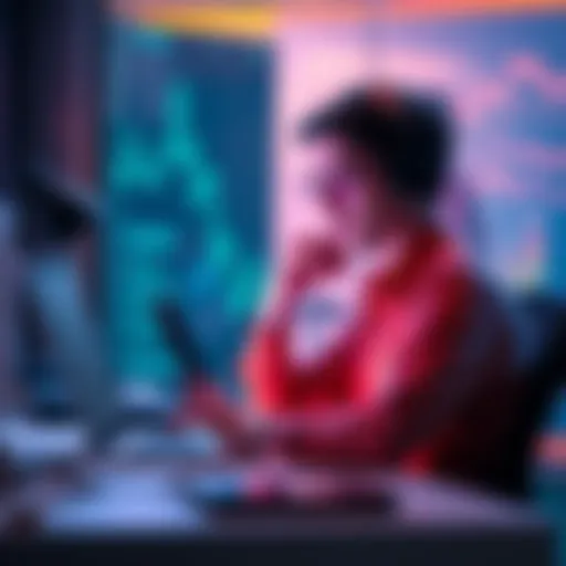 A person sitting at a desk with a laptop, looking thoughtful while comparing different AI programs for storytelling and brainstorming.