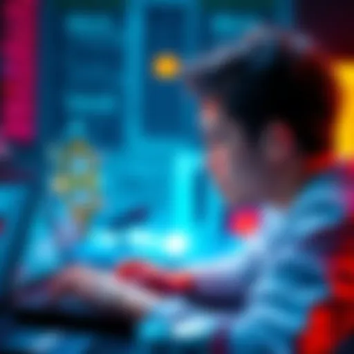 A person looking thoughtfully at a laptop screen with AI graphics appearing, representing awareness of risks in using AI tools like ChatGPT.