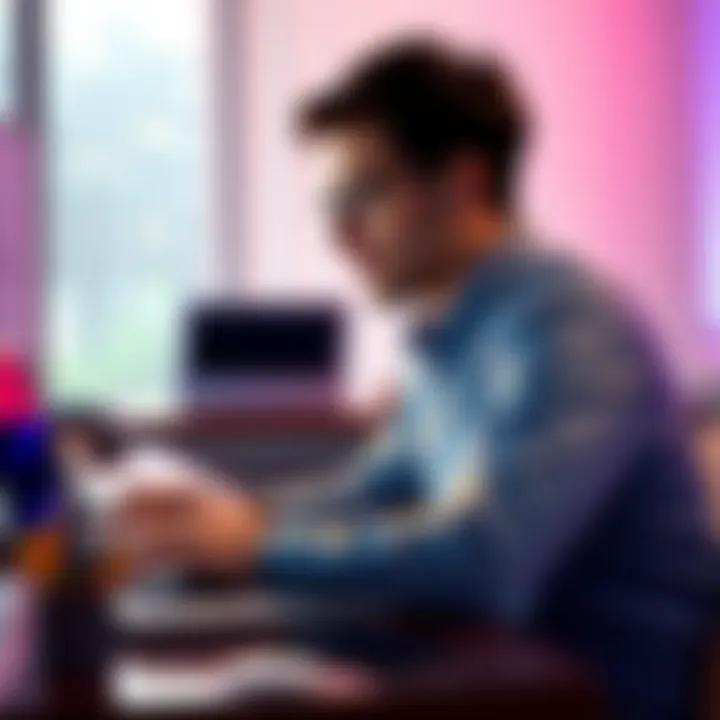 Person sitting at a desk, typing feedback about GPT-5 on a laptop, with a thoughtful expression