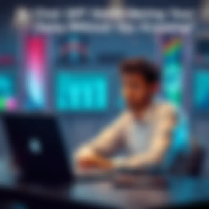 A concerned individual sitting at a desk looking at a laptop with a worried expression, symbolizing data privacy issues and AI tools.