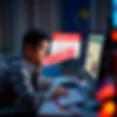 A person looking frustrated while using a computer, with a cancellation notice on the screen and political campaign materials scattered around.